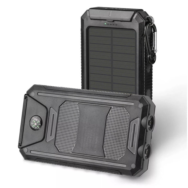 Compact 20000mAh solar power bank with strong dual flashlights, a must-have for adventurers