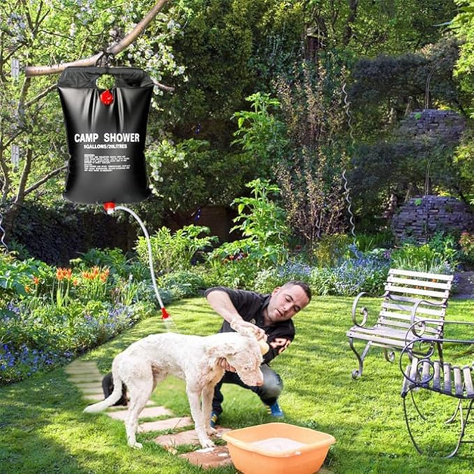 20L portable solar camp shower, black, with hose and nozzle, for outdoor camping