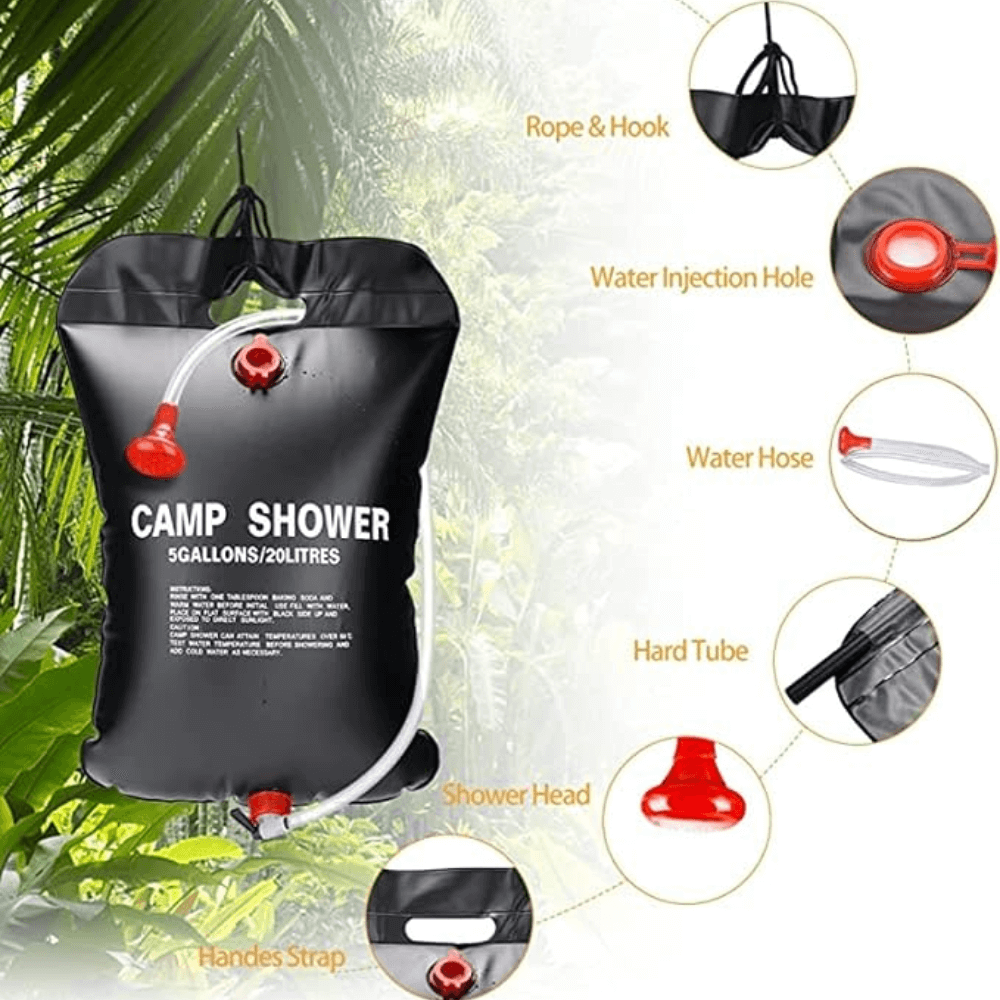Outdoor portable shower with solar heating, 20L capacity, perfect for camping trips
