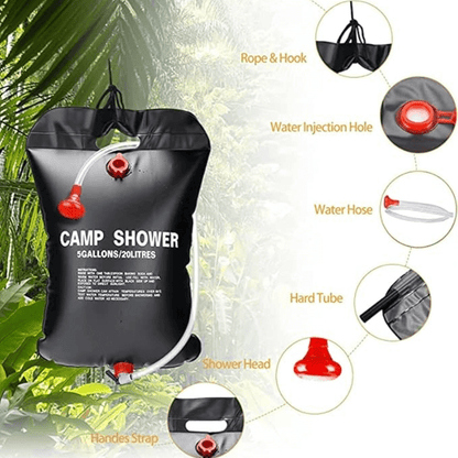 Outdoor portable shower with solar heating, 20L capacity, perfect for camping trips