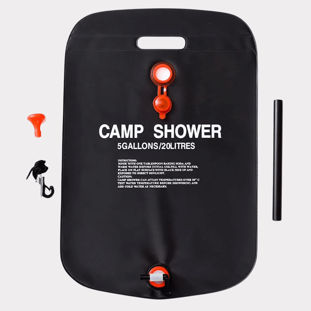 Black 20L solar camp shower, compact and durable, essential gear for outdoor adventures