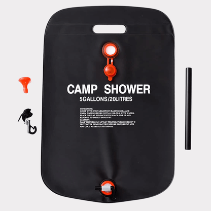 Black 20L solar camp shower, compact and durable, essential gear for outdoor adventures