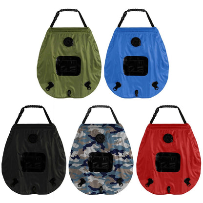 20L portable solar heated camping shower bag with black finish and clear hose