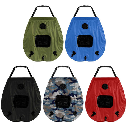 20L portable solar heated camping shower bag with black finish and clear hose