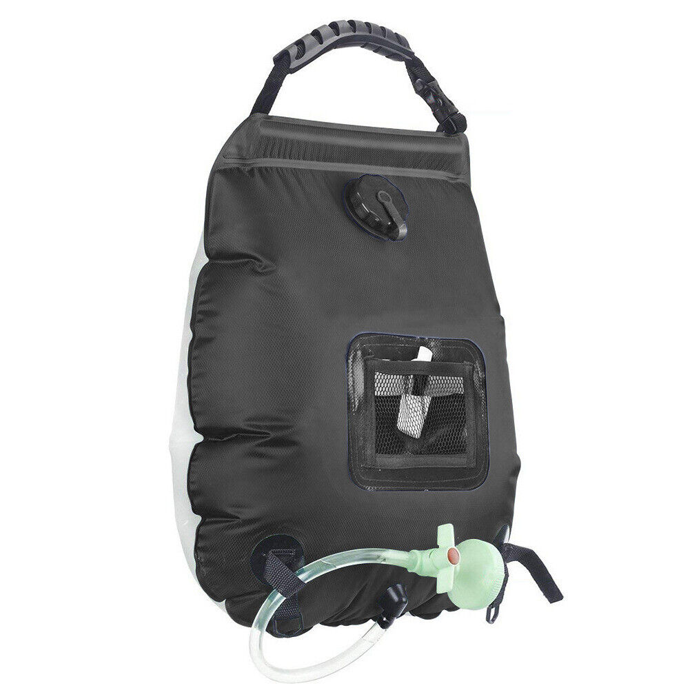 Durable 20L solar heated camping shower, perfect for backcountry hygiene