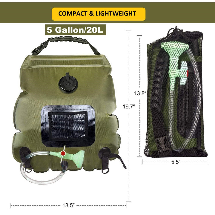 Compact 20L solar shower for camping, heating water with sunlight, outdoor gear