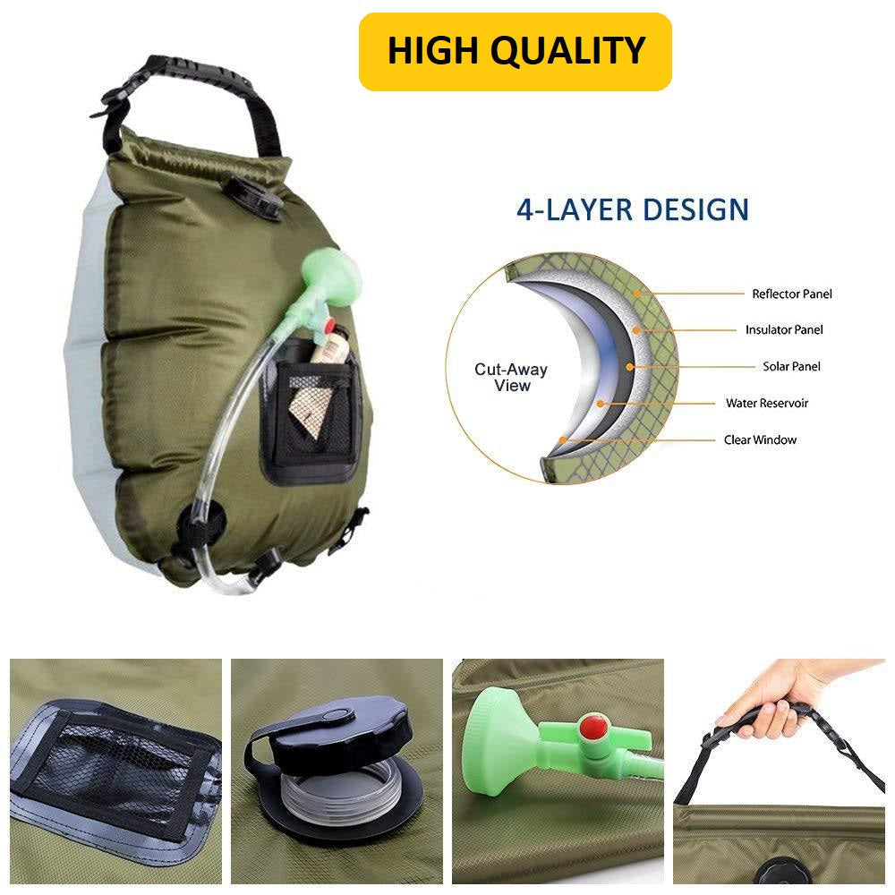 Portable heated shower bag, 20 liter, ideal for eco-friendly outdoor bathing