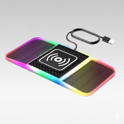 Black 20W dual-slot wireless car charger with subtle ambient light, providing fast phone charging