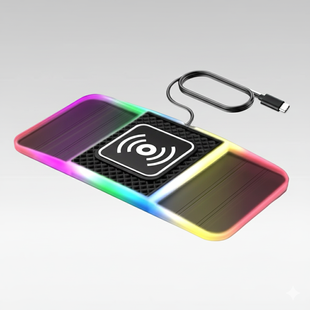 Overview of 20W dual-slot wireless car charger, highlighting its design and soft ambient light feature