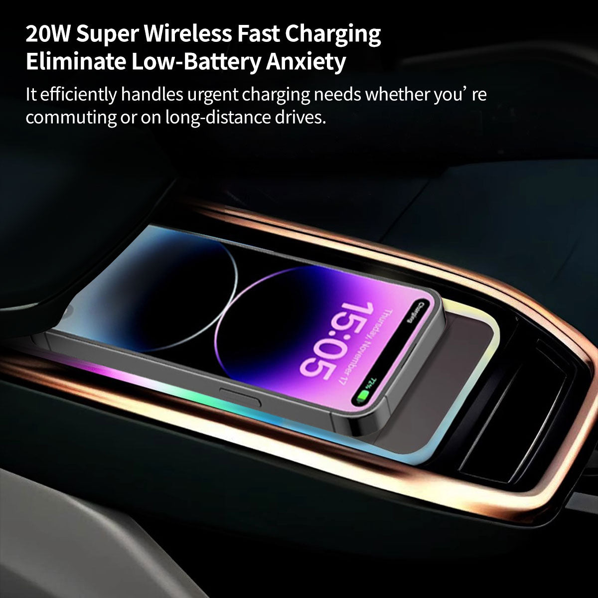 Universal 20W dual-slot wireless car charger for phones, featuring a sleek design and blue ambient light