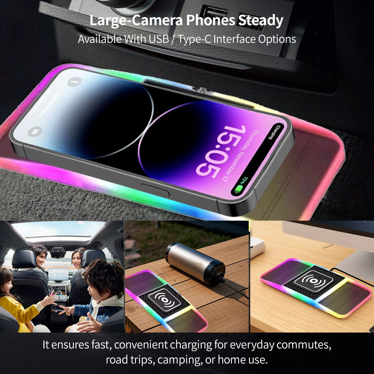 Fast charging 20W wireless car charger with dual slots & customizable ambient light for travel accessory