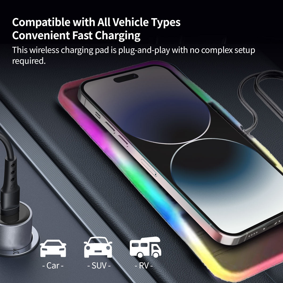 Car accessory: 20W dual-slot wireless phone charger with purple ambient light, universal fit
