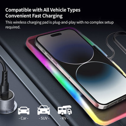 Car accessory: 20W dual-slot wireless phone charger with purple ambient light, universal fit