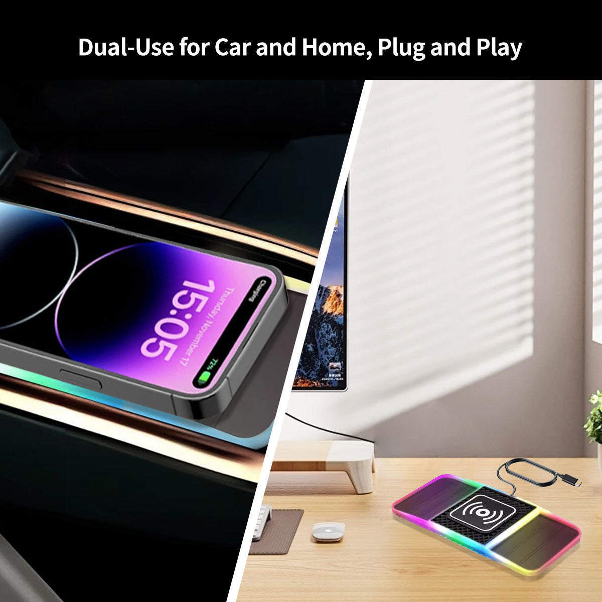 Dual-slot 20W wireless car charger showcasing green ambient light, ideal for fast charging phones