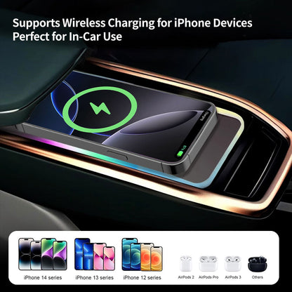 Compact 20W wireless car charger with two charging slots and elegant white ambient lighting
