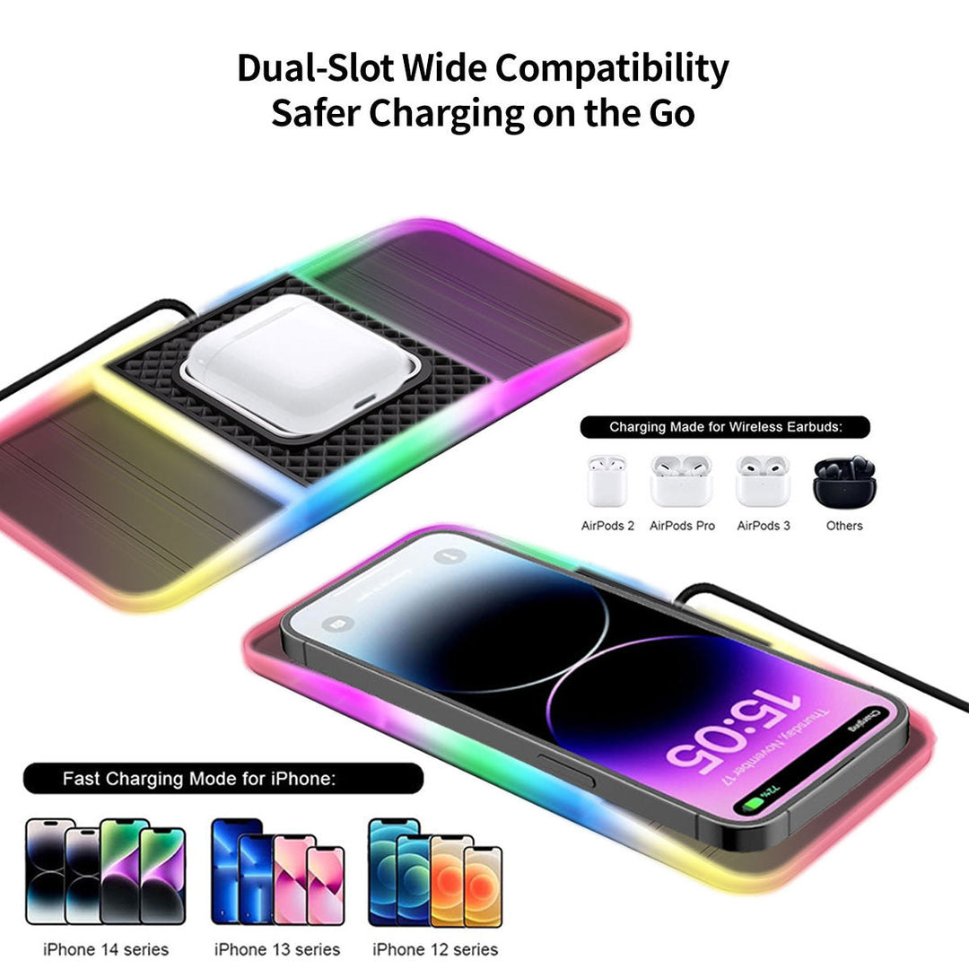Travel-friendly 20W dual-slot wireless car charger with soothing cyan ambient light, phone accessory