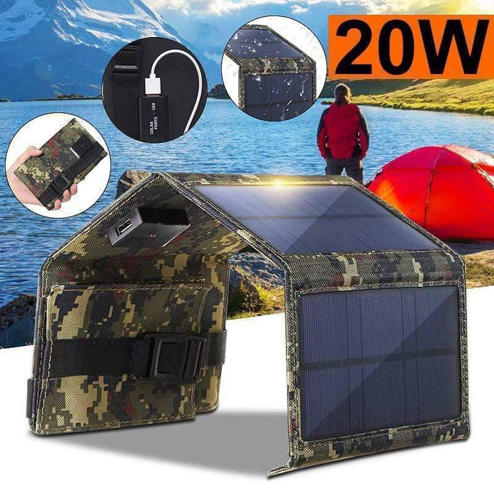 20W portable monocrystalline solar panel charger in green camouflage, ideal for outdoor gear & camping equipment