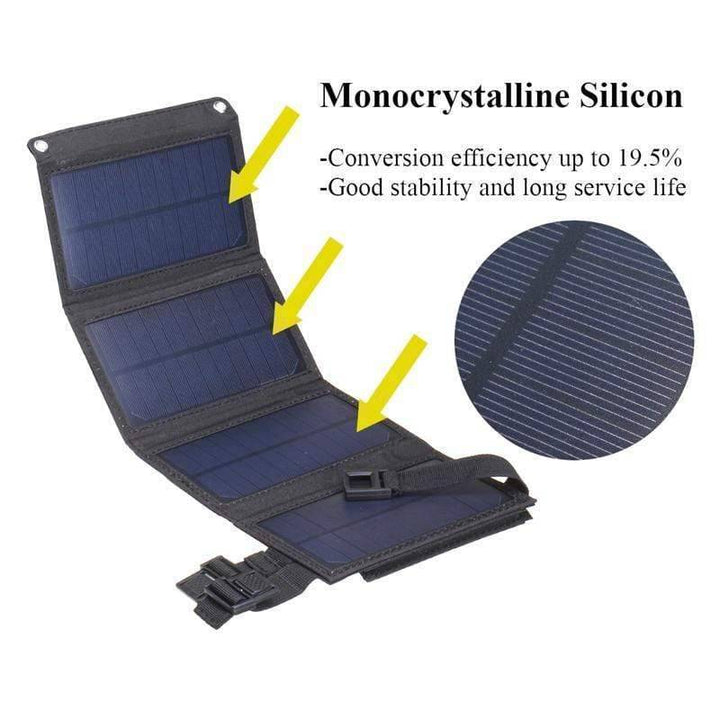 Compact 20W solar panel for mobile devices, black design, essential portable power & survival gear