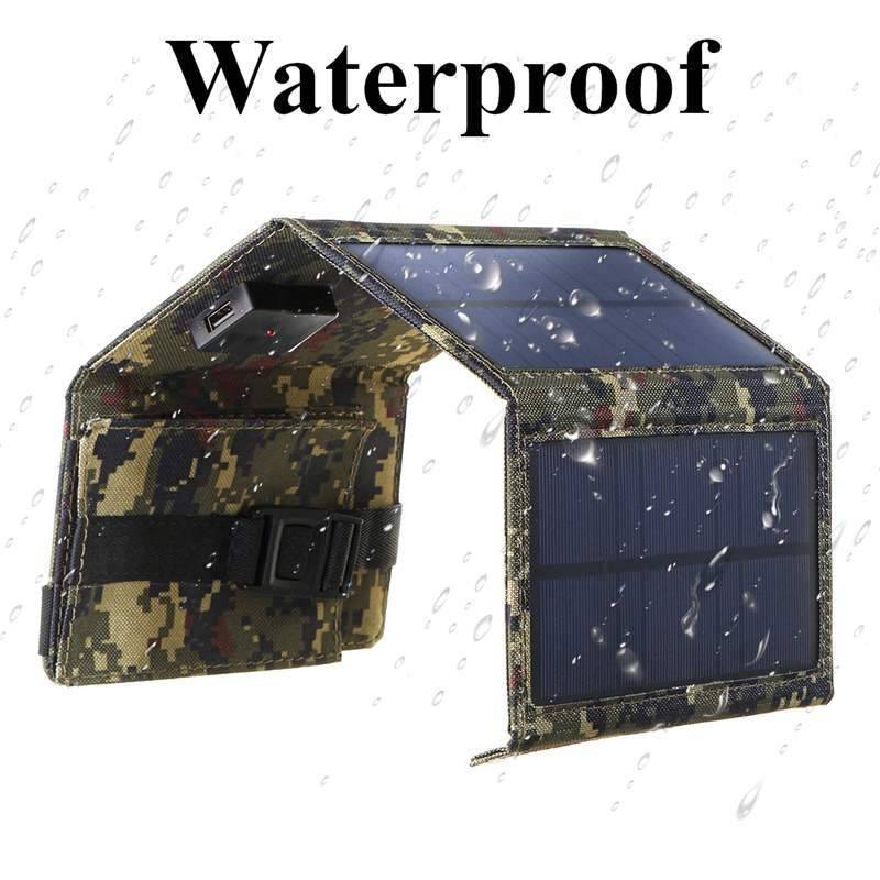 Folding 20W USB solar charger, green camo, perfect for emergency solar power during outdoor adventures