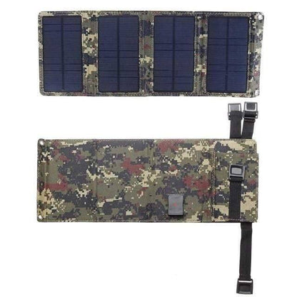 Rugged 20W solar charger for mobile devices, green camo, excellent for camping, hiking & survival gear