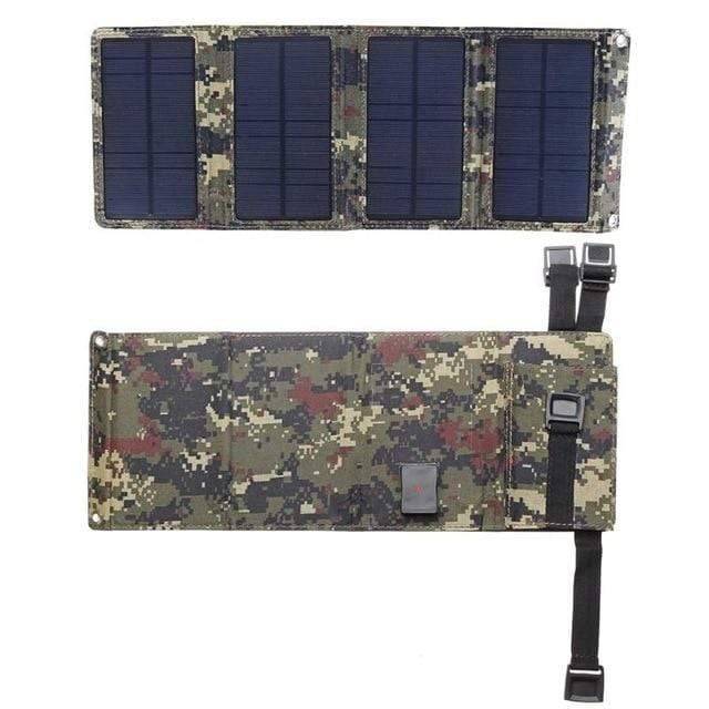 Rugged 20W solar charger for mobile devices, green camo, excellent for camping, hiking & survival gear