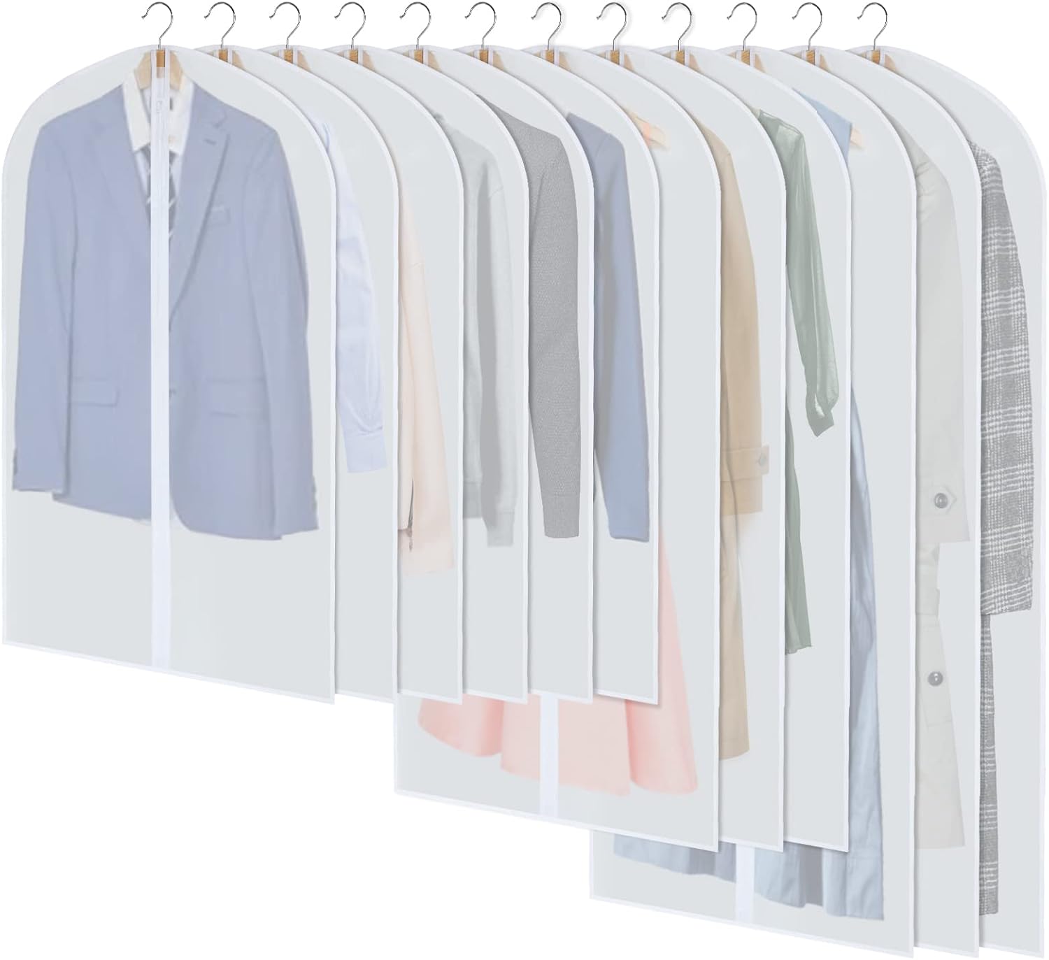 24-pack PEVA garment bags for closet storage, ideal for suit, dress & clothing protection.