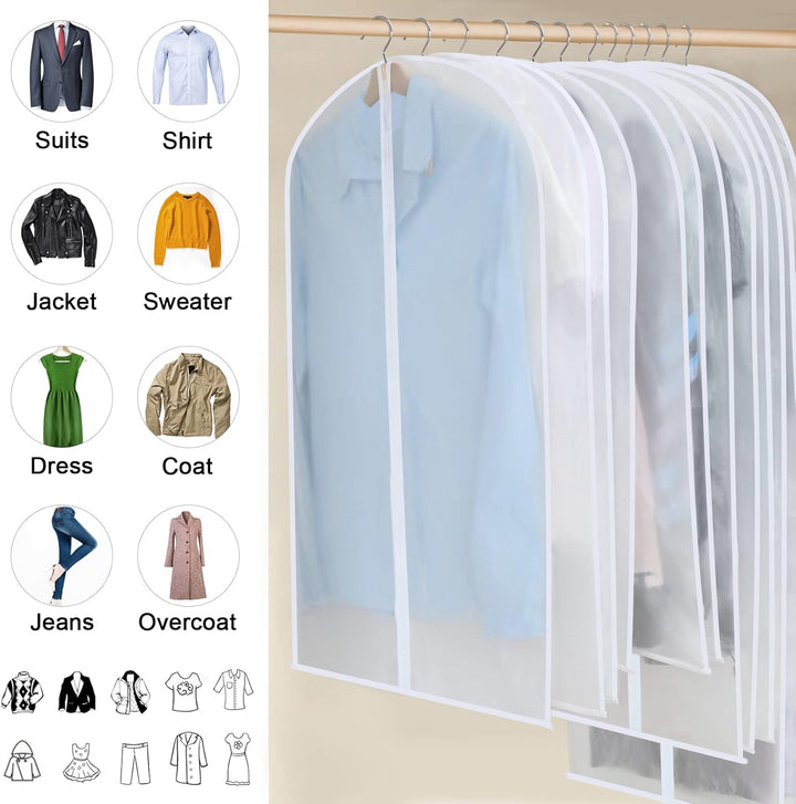 Full-length PEVA garment covers, 24-pack, for hanging suits, dresses & coats, ensuring closet cleanliness.