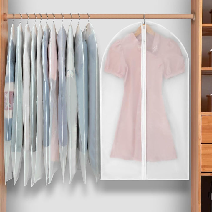 Breathable PEVA clothes bags, 24-pack, guarding against dust, moths & wrinkles in closet storage.