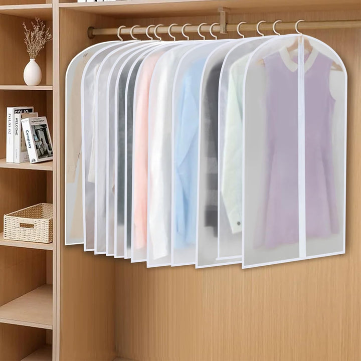 Unisex 24-pack PEVA garment bags for coats, jackets, shirts & dresses, ensuring closet protection.
