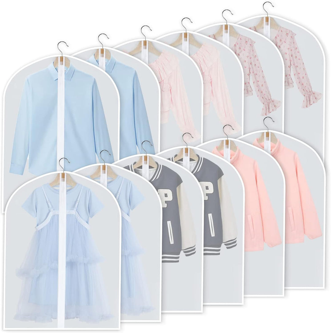 Clear zippered PEVA garment bags, 24-pack, for convenient, dust-proof protection of apparel in closets.