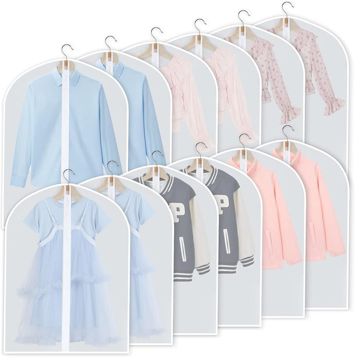 Clear zippered PEVA garment bags, 24-pack, for convenient, dust-proof protection of apparel in closets.