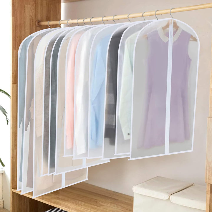Dustproof PEVA clothes protector bags, 24-pack, for hanging garment storage & closet organization.