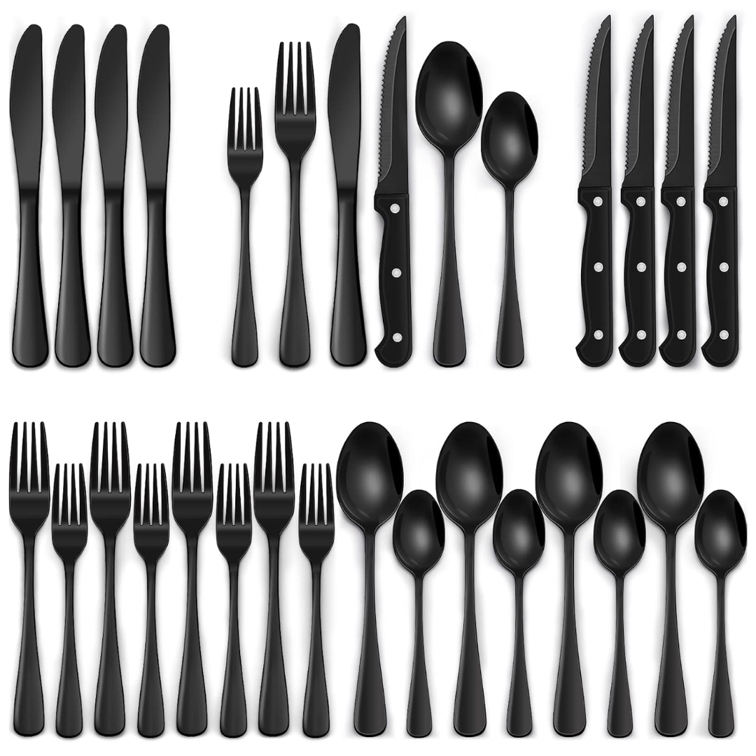 24-piece black stainless steel cutlery set for modern dining, elegant black flatware for contemporary table settings.