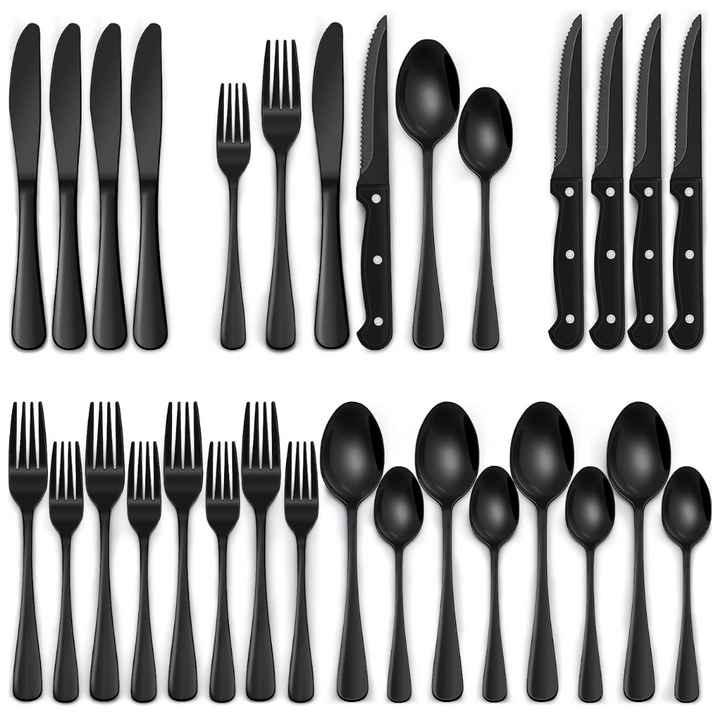 24-piece black stainless steel cutlery set for modern dining, elegant black flatware for contemporary table settings.