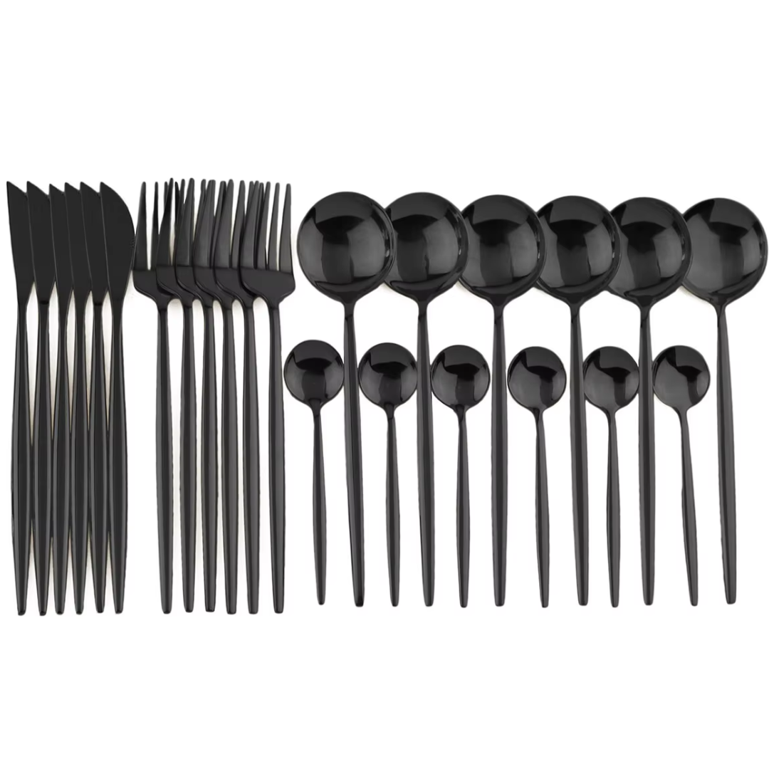 Stylish 24-piece black stainless steel flatware set, perfect for modern kitchen and elegant dinnerware decor.
