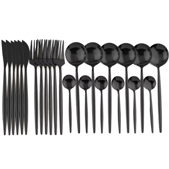 Stylish 24-piece black stainless steel flatware set, perfect for modern kitchen and elegant dinnerware decor.