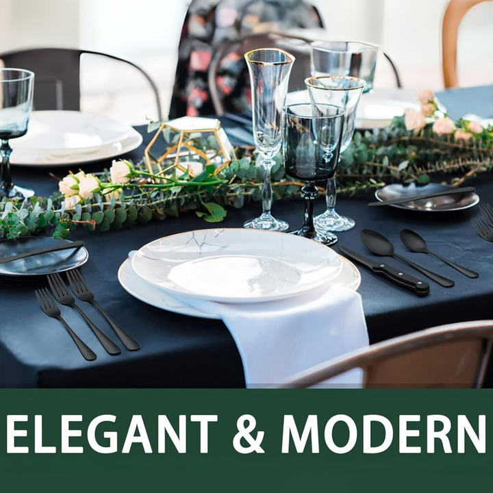 Complete 24-piece black cutlery set including forks, spoons & steak knives for a sophisticated table setting.
