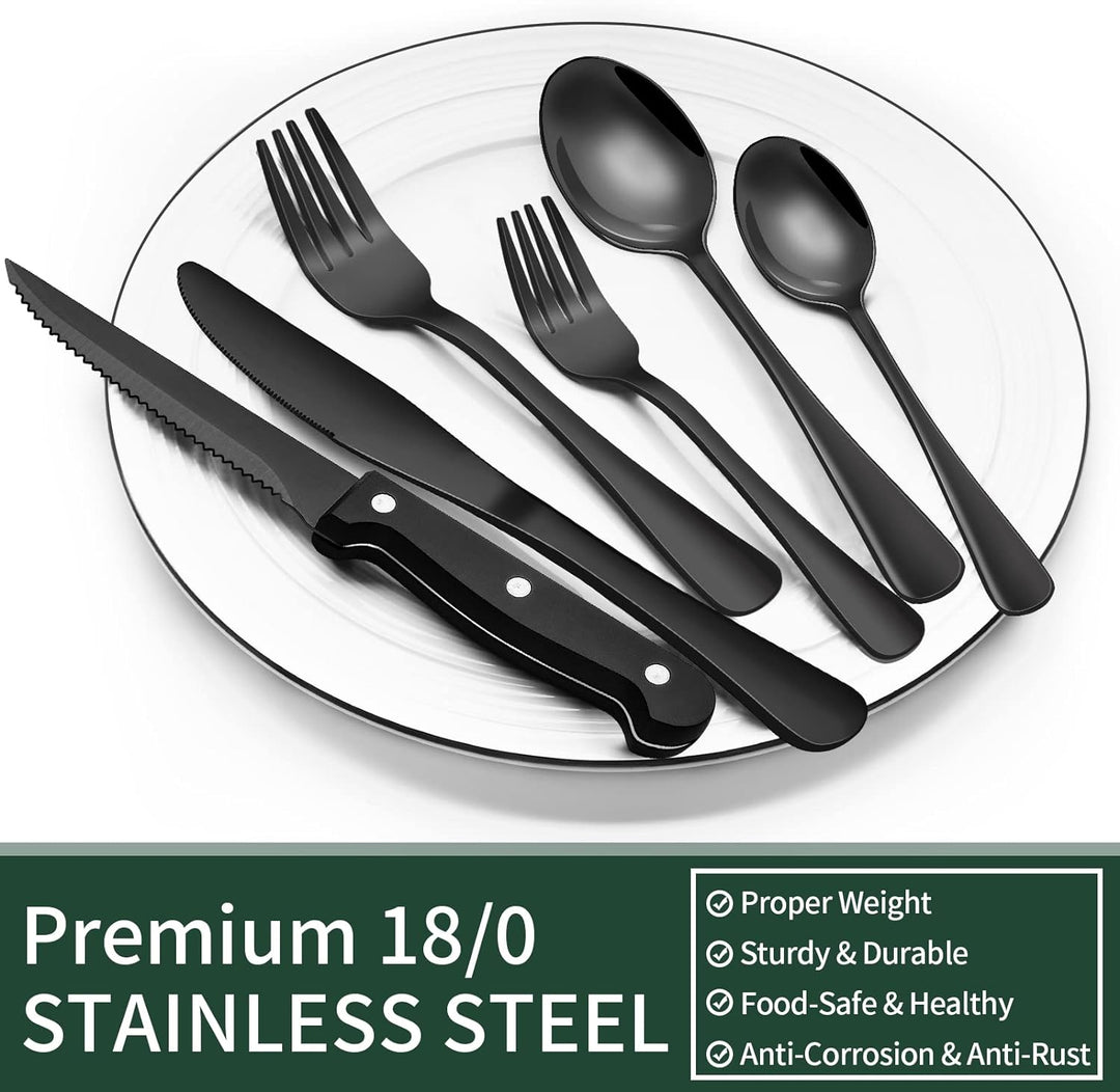 Sleek black stainless steel dinnerware set, a 24-piece collection elevating any modern dining experience.