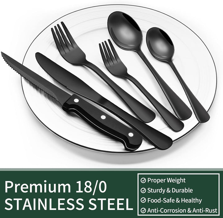 Sleek black stainless steel dinnerware set, a 24-piece collection elevating any modern dining experience.