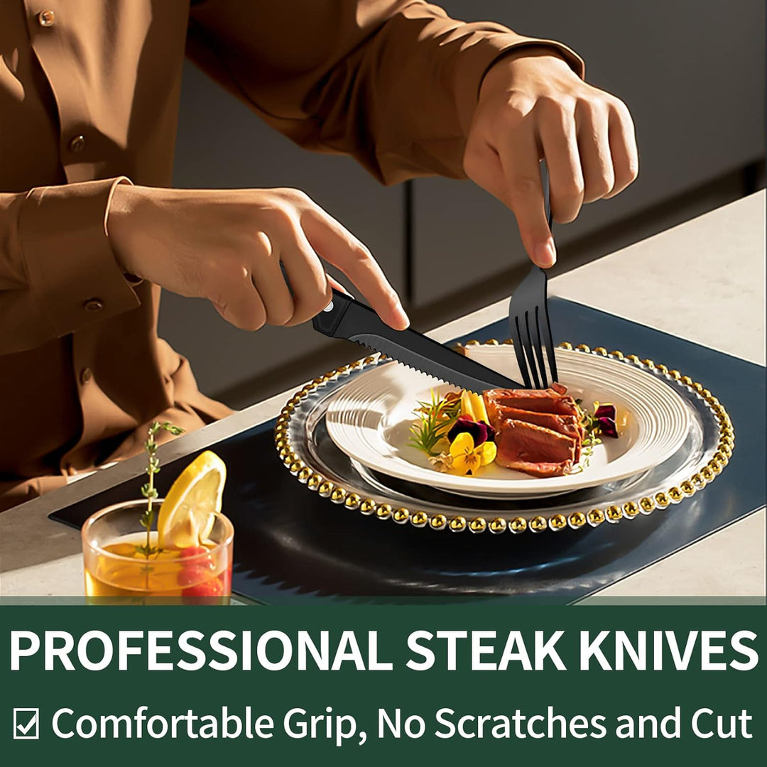 Premium black stainless steel flatware, 24-piece set designed for durability and a modern kitchen aesthetic.