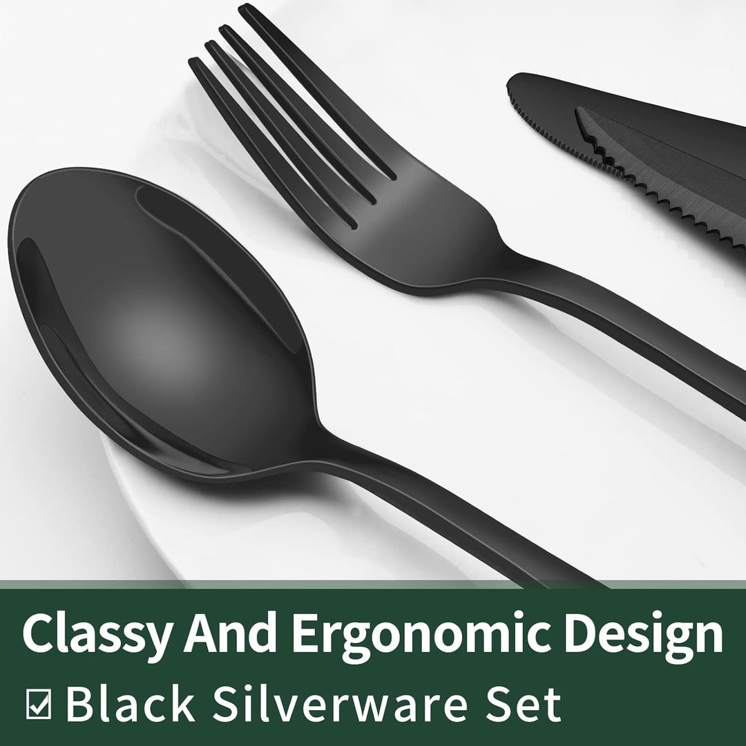 Modern home decor: 24-piece black stainless steel cutlery set, ideal for stylish kitchen and dining.