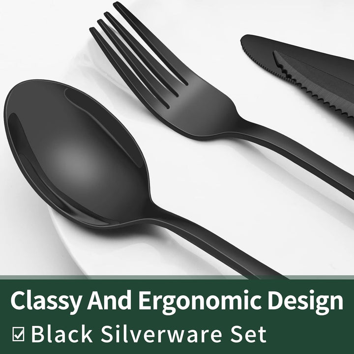 Modern home decor: 24-piece black stainless steel cutlery set, ideal for stylish kitchen and dining.