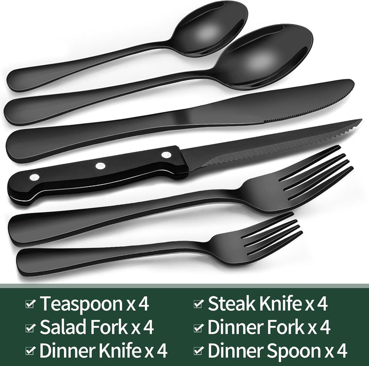 Elegant 24-piece black stainless steel cutlery set, transforming your table with modern flatware and dinnerware.
