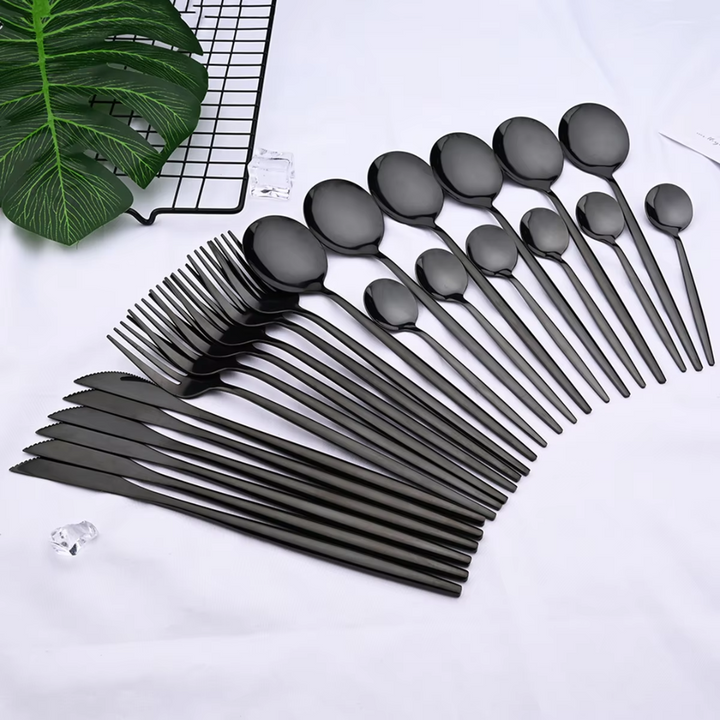 Durable 24-piece black stainless steel cutlery set with steak knives, essential for modern dining table settings.