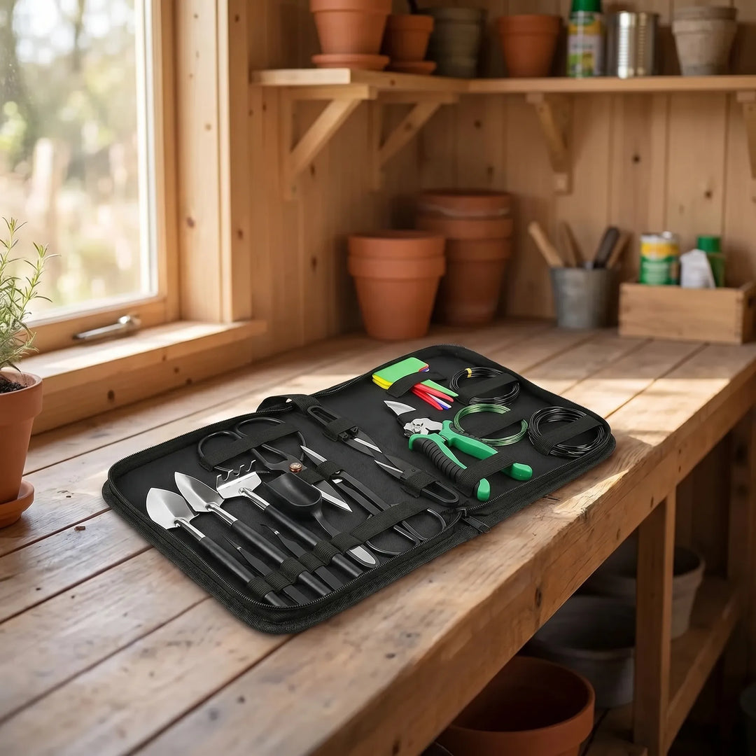 24-piece professional bonsai tool kit for miniature tree care. High-carbon steel pruning shears, shaping tools, & accessories.