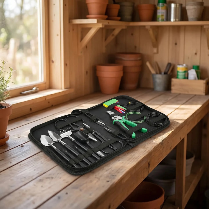24-piece professional bonsai tool kit for miniature tree care. High-carbon steel pruning shears, shaping tools, & accessories.