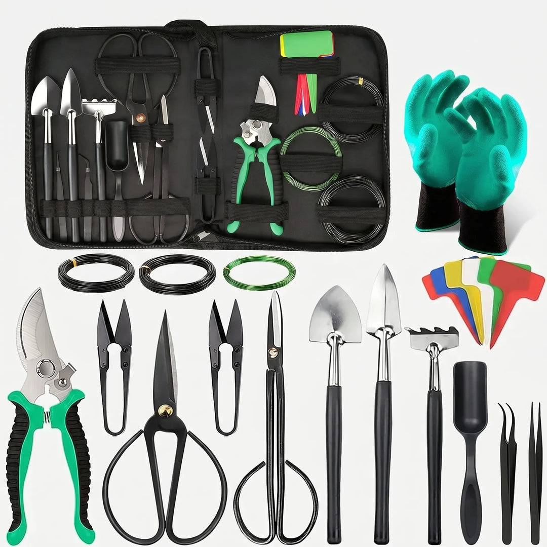 Comprehensive bonsai tree care kit featuring high-carbon steel tools for pruning, trimming, & shaping miniature plants.
