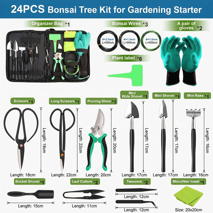Premium 24-piece high-carbon steel bonsai tool kit. Essential horticultural tools for precise plant pruning & shaping.