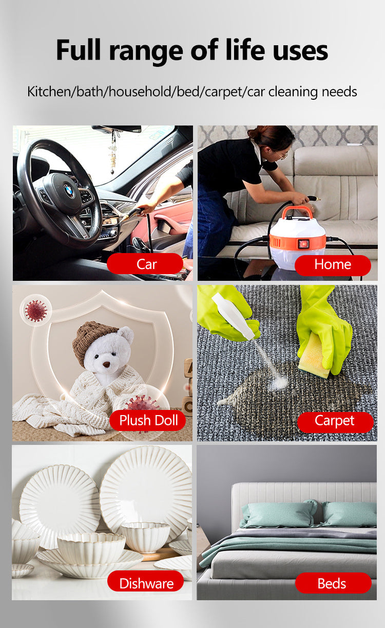 High-pressure 2800W steam cleaner for effective car detailing, upholstery, and exterior cleaning.