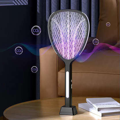 Versatile 3-in-1 electric bug zapper swatter: handheld, standing, wall-mounted. USB-C rechargeable mosquito killer.